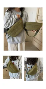 Detailed views of army green sports chest bag and waist pack worn in different styles