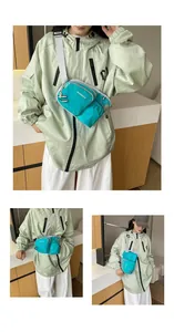 Multi-angle details of stylish turquoise nylon crossbody bag on a model showcase