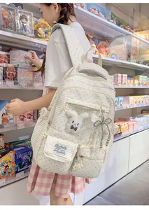 Lifestyle detail showing a girl wearing a kawaii Japanese white star pattern backpack