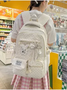 Close-up back view of a cute cream star-patterned backpack with transparent pocket