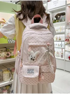 Cute pink Japanese style girl's backpack with transparent pocket and plush bunny
