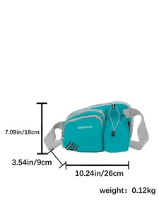 Turquoise running waist bag with bottle holder and specific dimension details