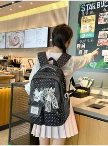 Back view of cute Japanese style polka dot backpack with bunny plush on Asian model