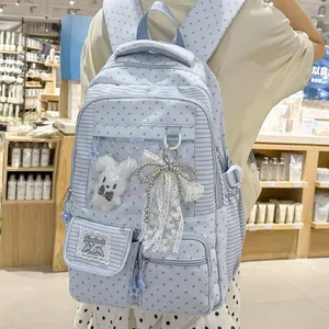 Japanese style cute girl's backpack with star patterns and a transparent compartment