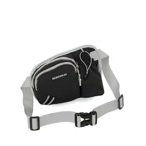 Black and grey sports waist bag with adjustable strap and reflective details