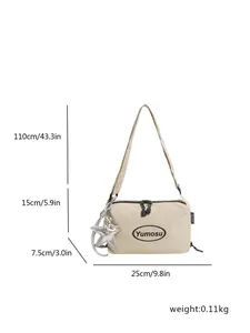 Lightweight beige crossbody bag dimensions with silver star charm and strap length detail.