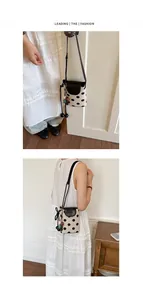 Canvas polka dot mini bucket bag shoulder crossbody phone bag with cute beads for women detail view