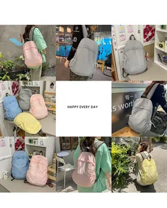 Collage of lightweight pastel nylon backpacks for women in daily lifestyle scenes