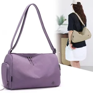 Versatile lavender purple gym bag with shoe compartment and waterproof nylon fabric