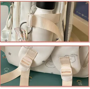 Detalle de mochila blanca con estampado de osos y correas laterales ajustables