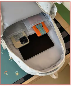 Vista interior detallada de mochila escolar para niñas con compartimentos para móvil