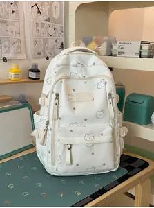 Mochila escolar blanca estética para niñas con lindos patrones de osos y estrellas