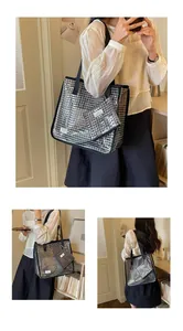 Viste multiple di una borsa tote in PVC trasparente a griglia per il tempo libero