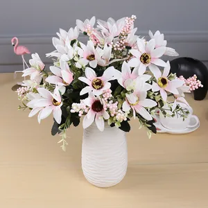 10-head artificial white daisy bouquet in white textured vase for modern home table decoration