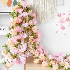 Artificial Cherry Blossom Vine Silk-Like Cloth Flower Garland Realistic Injection Molded Floral Hanging For Wedding Home Wall Decor