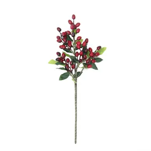 Branche de baies rouges artificielles à 5 fourches pour décoration de Noël.