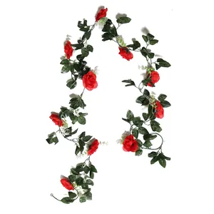 Artificial red rose vine with green leaves for home wall and wedding arch decoration