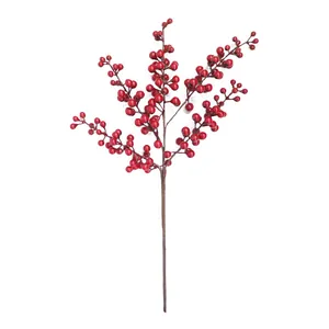Vibrant artificial 5-fork red berry branch for festive Christmas and home floral decoration.