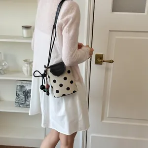 Canvas polka dot bucket bag stylish single shoulder crossbody phone bag for women summer.