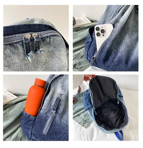 Detail view of gradient denim backpack showing side pocket and interior compartment