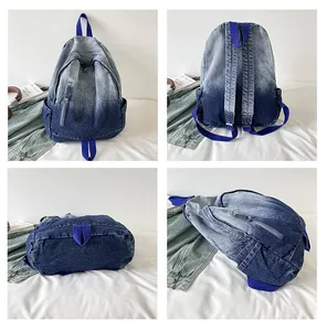 Detailed collage showing multiple views of a distressed gradient blue washed denim backpack