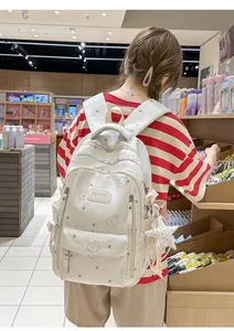 Mochila blanca de gran capacidad para estudiantes con lindos osos y estrellas