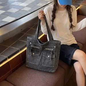 Large capacity washed black denim tote bag for women stylish commuting and school