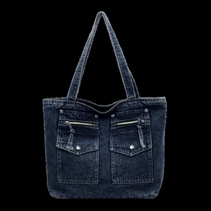 Stylish large capacity dark wash denim tote bag with minimalist front pockets for women