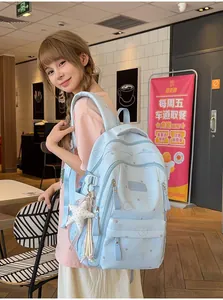 Vista lateral detallada de una mochila azul con estampados de osos y estrella