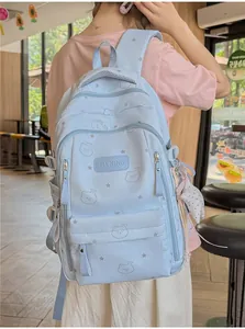 Primer plano de una mochila escolar azul claro con motivos de estrellas y osos en una chica