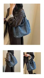 Detailed views of a large capacity denim tote bag showing various styles on a model.