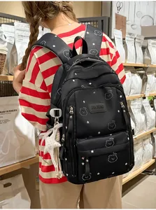 Mochila escolar negra de gran capacidad para niñas con motivos de estrellas y osos