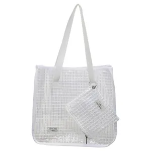Borsa a mano trasparente in rete di PVC con pochette coordinata e tracolle bianche