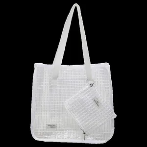 Borsa tote in rete di PVC trasparente con pochette piccola abbinata in bianco