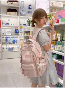 Vista detallada de una mochila escolar rosa con estampados de osos usada por una modelo.