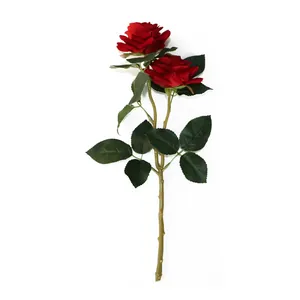 Realistic two-headed artificial velvet red rose spray with green leaves and long stem