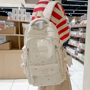 Mochila escolar blanca de gran capacidad para niñas con lindos osos y estrellas