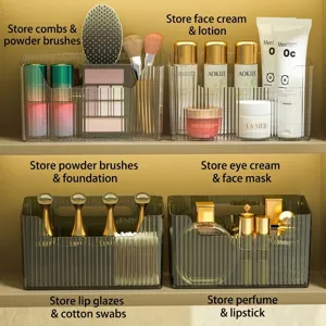 Elegant ribbed transparent bathroom organizer box for cosmetics and skincare items