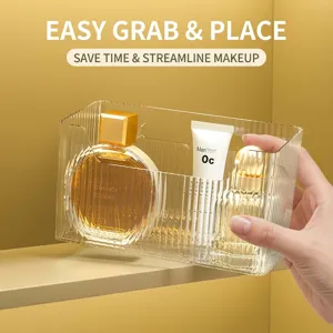 Transparent acrylic bathroom organizer box with vertical rib texture and handle