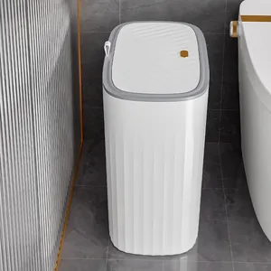 Modern Minimalist Slim Trash Can With Lid Press Type Plastic Waste Bin Ribbed Texture For Bathroom Kitchen Home Storage