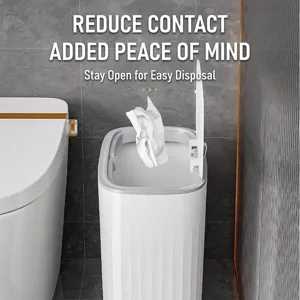 Minimalist slim bathroom trash can with lid for narrow spaces, white ribbed design.