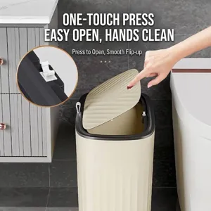 Slim cream white bathroom trash can with one-touch press lid and pop-up mechanism