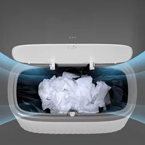 Minimalist slim white bathroom trash can featuring a wide 32cm opening for easy disposal
