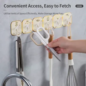 Heavy-duty self-adhesive wall hook rail with 6 clear hooks for kitchen organization