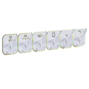 Row of 6 clear self-adhesive wall hooks with cute checkered animal patterns for home