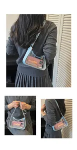 Gros plan d'un sac à bandoulière tendance en PVC bleu clair transparent porté par un mannequin