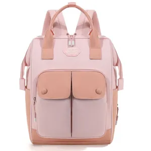 Large capacity multi-functional pink diaper backpack with front pockets for stylish mothers