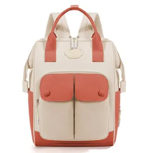 Large capacity multi-functional diaper backpack with stylish beige and orange design
