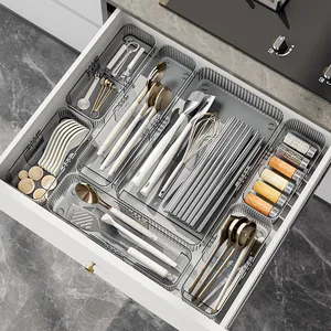 Set organizer per cassetti trasparente estensibile per utensili da cucina e posate