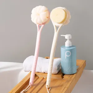 Long Handle Double-Sided Bath Brush 2-In-1 Body Scrubber With Soft Bristles And Mesh Bath Ball For Shower Cleaning Back Tool